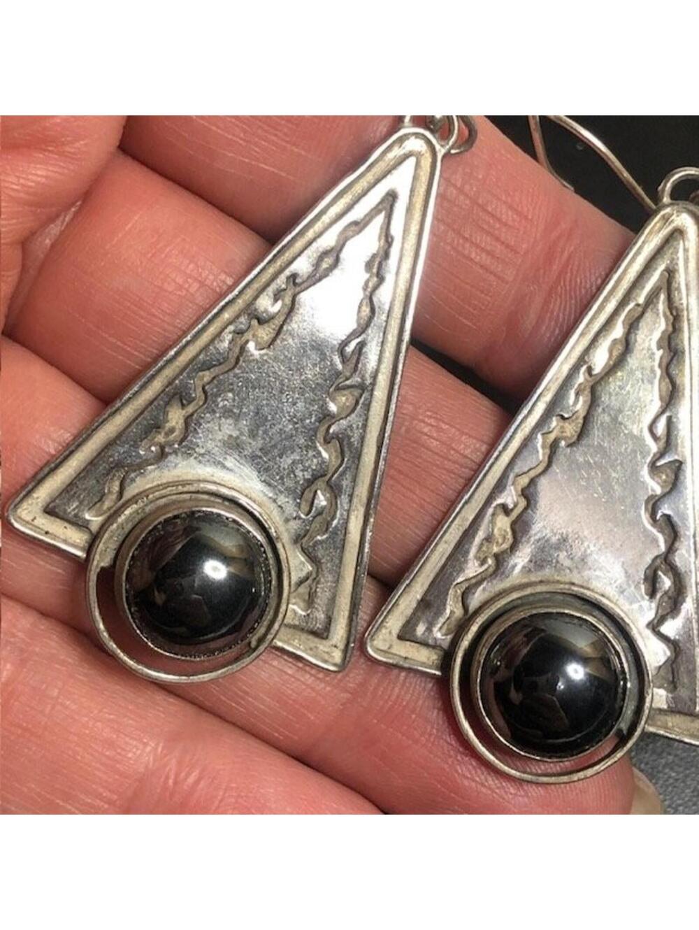 B0632 Sterling Silver 925 Geometric Dangle Earrings Hematite VTG 17.6grams 2.5" - Picture 2 of 3